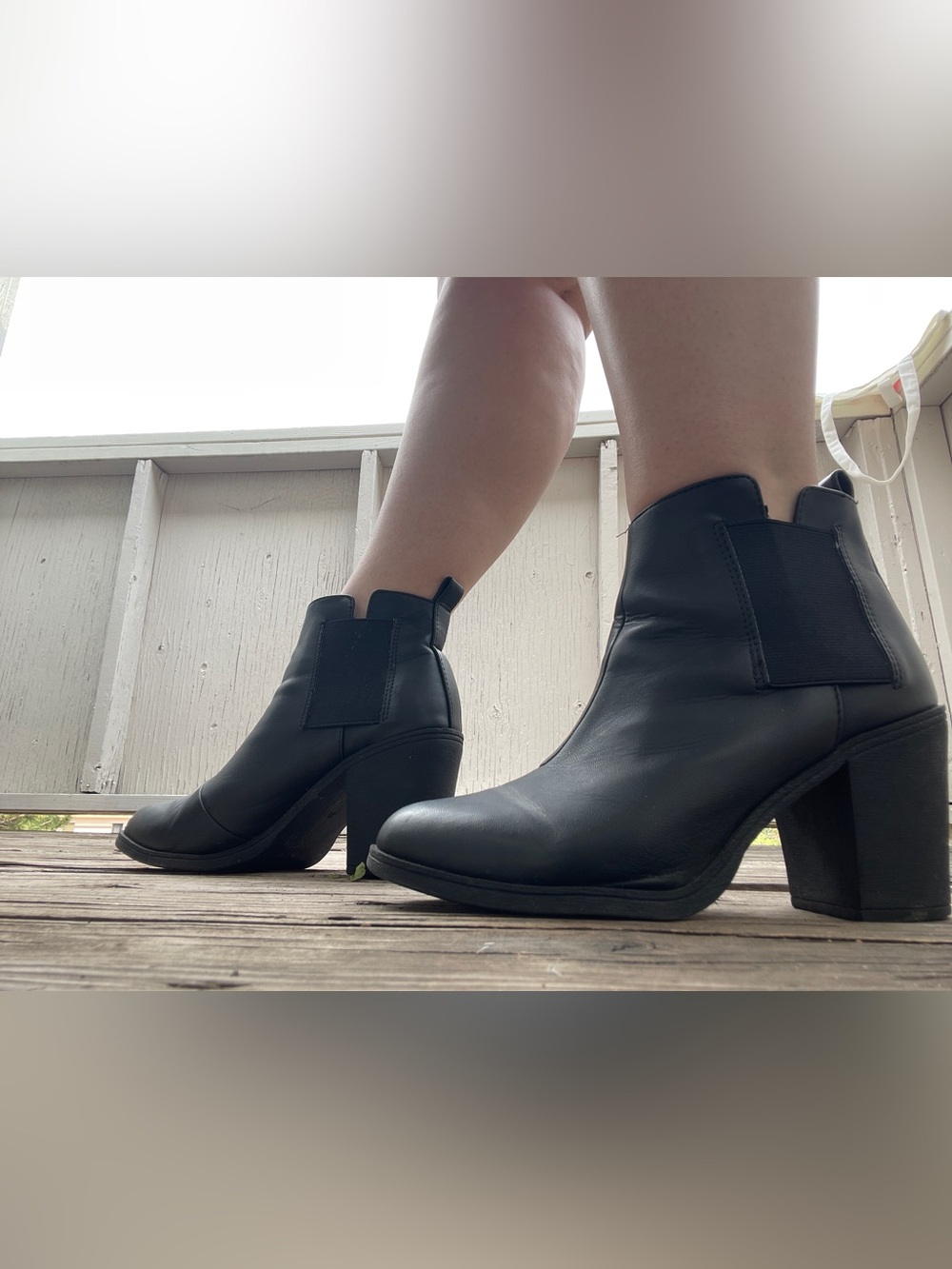 Divided Black Leather Ankle Booties with Block Heel